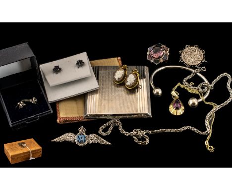 Small Leatherette Silk Lined Jewellery Case containing a silver RAF Sweetheart Brooch, a Silver Victorian Pin Brooch, white m