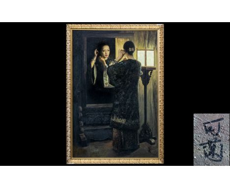Chinese 20thC Oil Painting on Canvas of the finest quality depicting a beautiful Chinese girl wearing traditional robes, look