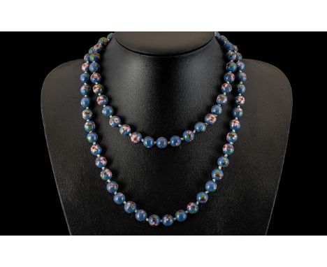 1930s/40s Chinese Cloisonne Bead Necklace, large double knotted strand of enamel beadsof blue decoration with pink flowers in