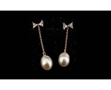 White Fresh Water Pearl Drop Earrings, single white cultured pearls suspended, on fine rose gold vermeil and silver chains, f
