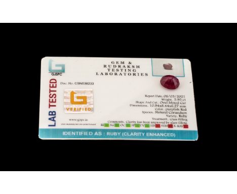5.95 Ct Purplish Red Ruby. GJSPC Certified
