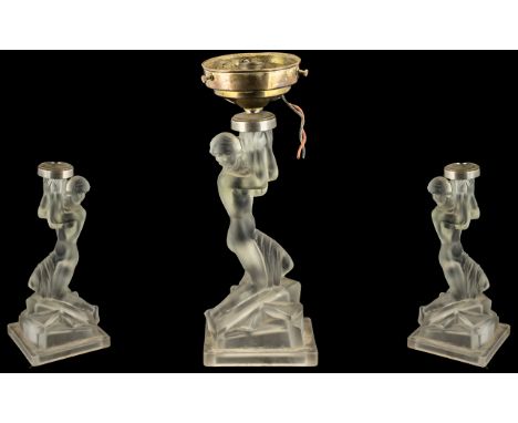 French 1920s/30s Art Deco Lamp, beautifully designed with a frosted glass nude lady supporting the lamp; lovely Art Deco peri