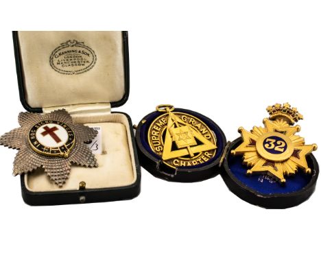 Three Masonic Breast Badges comprising 'In Hoc Signo Vinces' silver and enamel breast badge, 32 Gilt Gross badge and Supreme 