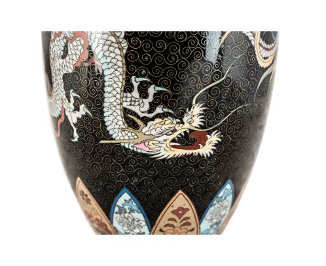 A Japanese Meiji Period Cloisonne Vase Superb quality, depicts dragon chasing the phoenix. Some enamel damage to one part of 