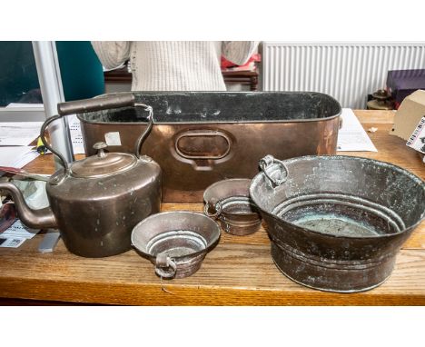 Collection of Vintage Copper Items comprising a copper kettle; a large and two small copper pots; and a copper trough measure