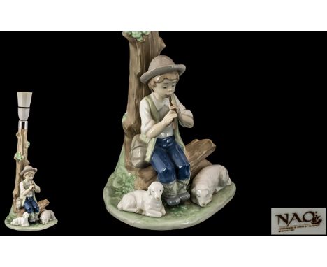 Nao by Lladro Tall Hand Painted Porcelain Figural Lamp Base ' Young Shepherd Boy ' Seated on a Stump Tree ' Playing a Flute w