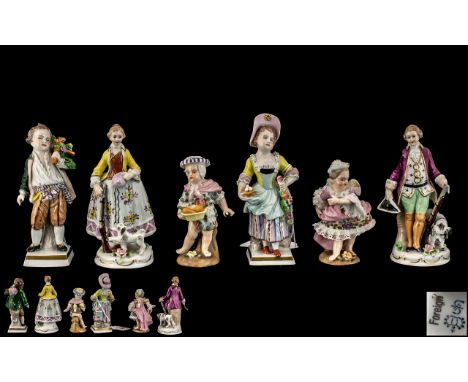 Collection of Six Sitzendorf and Dresden Hand Painted Miniature Figures, various subjects and sizes, all well crafted; talles