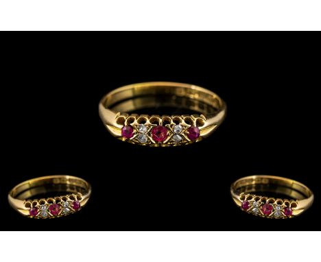 Antique Period 18ct Gold Attractive 7 Stone Ruby and Diamond Set Ring - Gallery Setting. Full Hallmarks for 18ct, Hallmark Bi