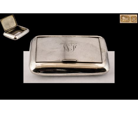 Edwardian Period Silver Hinged Snuff Box of Large Proportions and Plain Form. Hallmark Chester 1905. Makers Mark W.N ( Willia