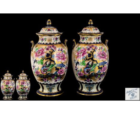 Losol Ware Keeling and Co Superb Quality Pair of Handpainted Twin Handle Lidded Vases of pleasing proportions. Printed mark f