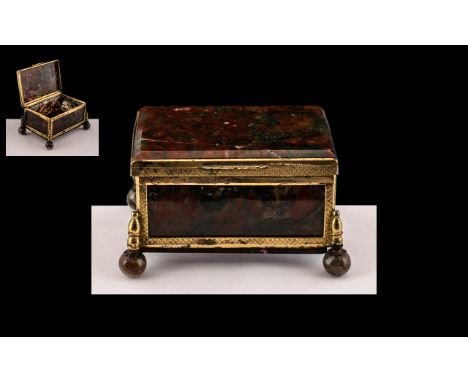 Small Antique French Moss Lidded Agate Trinket Box with a Gold Coloured Framework, Terminating on Agate Ball Feet. 2.5 Inches
