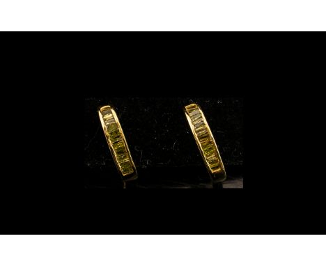 Yellow Diamond J-Hoop Earrings, baguette cut yellow diamonds, channel set down the front of the j-hoops of 14ct gold vermeil 