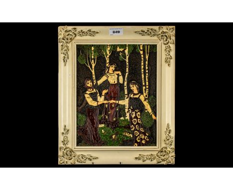 An Oriental Carved and Lacquered Metal Panel depicting Russian girl folk dancing in traditional guard in a white gilt frame. 