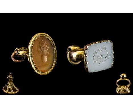 Two Antique Georgian Pinch Beck Fobs with Engraved Intaglio, Seals, One with a Roman Head and a Snail with Inscriptions ( 2 )