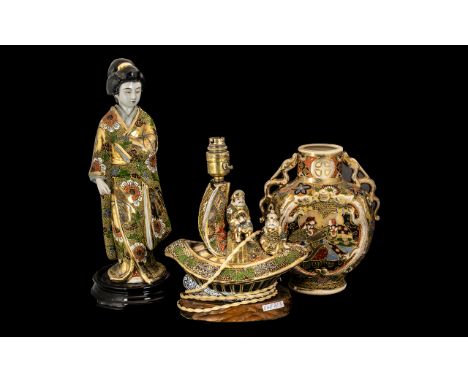 Three Pieces Of Japanese Early 20th Century Satsuma Wear consisting of a figure of a Geisha girl - 16" high, a lamp electrifi