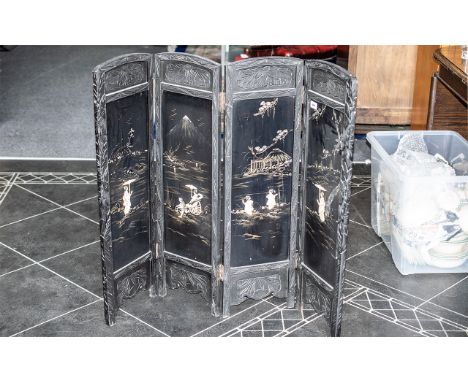 Japanese Four Panel Screen of Small Size, Decorated with Bone and Mother of Pearl Shell, Depicting Daily Life In Traditional 