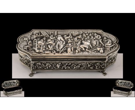 Dutch 19th Century Superb Quality Silver Embossed Lidded Shaped Trinket Box, Heavily Embossed with Figural Indoor Scenes to C