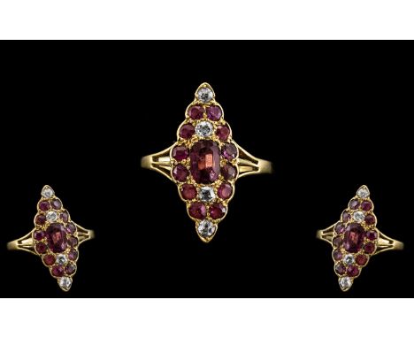 Antique Period Superb 18ct Gold Boat Shaped Ruby and Diamond Set Ring. c.1900. Excellent Design. The Natural Rubies of Excell