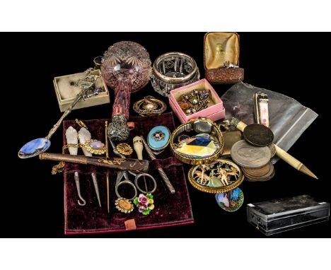 Tin Box Containing Misc Assortment of Collectable's, 2 Enamel Spoons, Costume Jewellery, Stamp Case, Coins, Silver Rim Salt, 