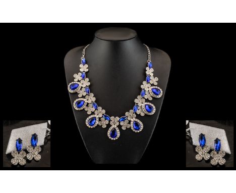 Sapphire Blue and White Crystal Collar Necklace and Earrings Set, large pear shape sapphire blue crystals, with white crystal