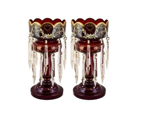 Victorian Superior Pair of Attractive Deep Ruby Red Lustres with scalloped bowls, decorated in gilt and enamel accents, each 