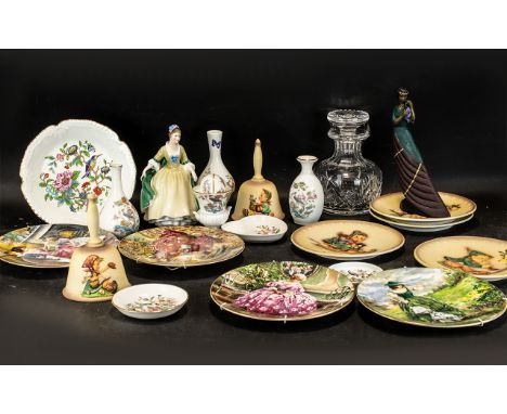 A Good Collection of Assorted Pottery to include a glass decanter, assorted cabinet plates, a collection of Kutani Crane Wedg