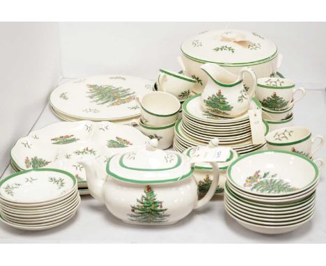 A Spode 'Christmas Tree' pattern dinner service, including lidded tureen, two nut platters, tea pot, lidded sugar bowl, cream