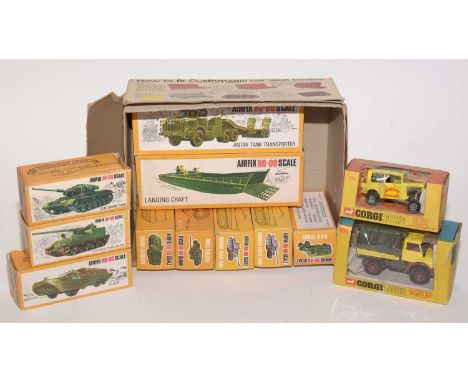 A selection of Airfix HO-00 scale military vehicles, including 'Antar Tank Transporter', 'Landing Craft' and various tanks, e