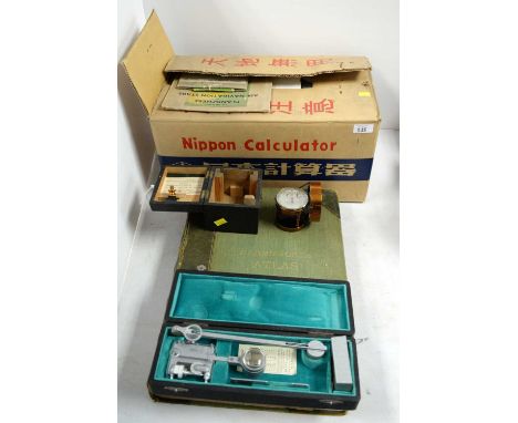 An air meter by Winter &amp; Son, in case; together with a selection of other scientific instruments including a cased planim
