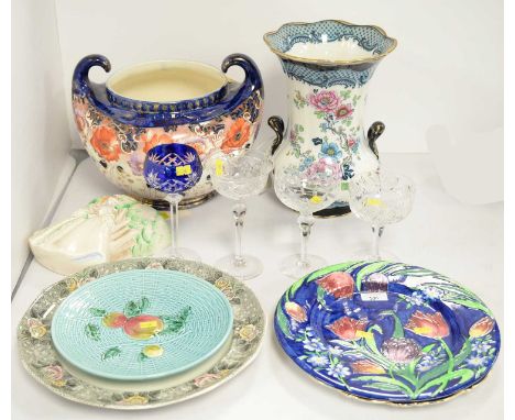 A selection of decorative ceramics and glassware, including: Clarice Cliff 'Lady Anne' wall pocket; Maling tulip circular pla