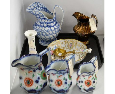 A selection of ceramics, including: 19th Century sponge decorated jug, together with three transfer printed graduated jugs, a