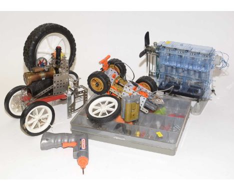 A Mamod steam engine; together with a selection of Meccano; a Meccano power tool; and other model construction accessories. 
