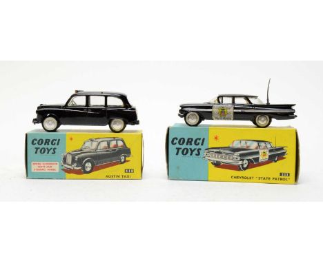 Corgi Toys die-cast Chevrolet "State Patrol" model vehicle, 223, in box; together with a Corgi Toys Austin Taxi model vehicle