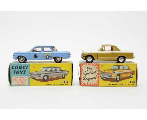 Corgi Toys die-cast Triumph Herald Coupe model vehicle, 231, in box; together with a Corgi Toys Chevrolet Corvair model vehic