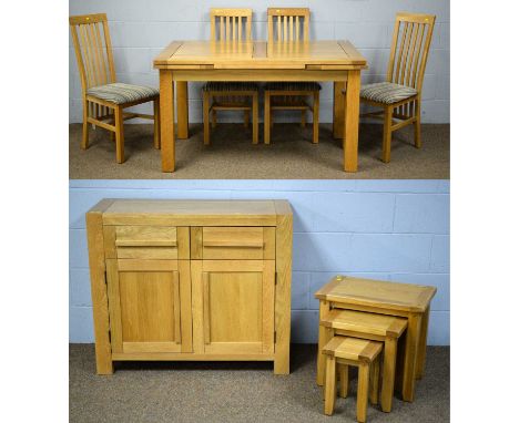 A 20th Century light oak dining room suite comprising; a draw-leaf dining table, the rectangular top with two drop leaves abo