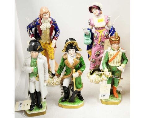 A pair of 19th C French ceramic figures, after Derby, the tallest 32cms high; together with three Capodimonte military figure