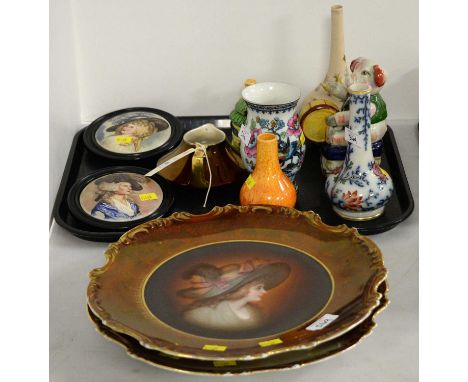 A selection of decorative ceramics, including: pair of Bavarian 'Rembrandt' plates, decorated with portraits of ladies; pair 