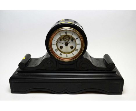 A 19th Century French black slate mantel clock, the movement signed 'R&amp;C Paris &amp; London', 31cms high. 