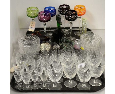 Selection of coloured glassware, including: set of six overlaid glass wine glasses; pair of uranium glass vases; Caithness 'M