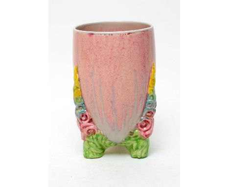 A Clarice Cliff Wilkinson 'My Garden' vase, raised on three moulded foliate feet, marks to base, 15cms high.