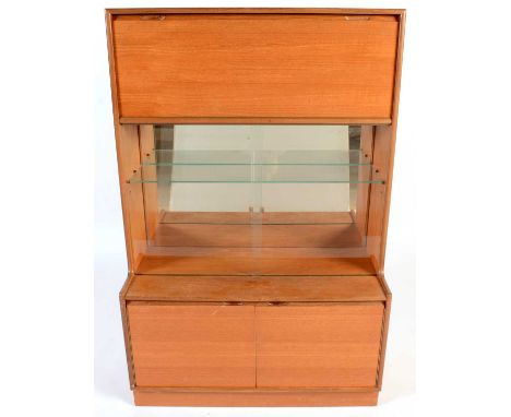 Turnidge of London Ltd: a mid Century teak mirror-backed display cabinet, rectangular with drop-down cupboard to top, above m