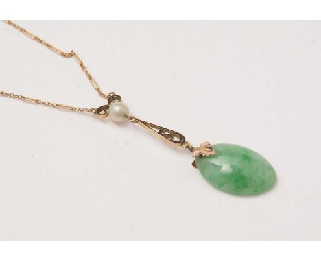 A 1930s jade and pearl lariat style pendant necklace, on yellow-metal, (old repair to chain and clasp broken), 3.9g gross.