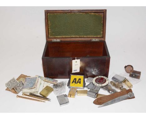 A Georgian tea caddy containing various collectors' items: including; a Kodak No. 8 Portrait Attachment, lighters, coins, ban