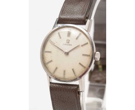 A 1960s lady's stainless steel Omega wristwatch, with manual-wind movement, a silvered dial and baton markers, case approxima