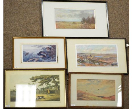 Various hunting prints and a watercolour comprising; Manner of Richard Harrison - "Grouse in flight" signed, watercolour, 24.