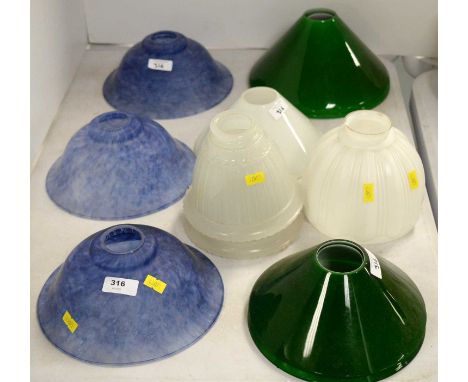 A selection of various glass light shades, including: three mottled blue shades; two pairs of green shades; and various opaqu