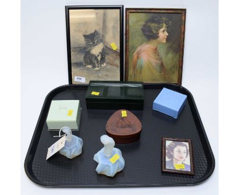 Two French opalescent glass scent bottles; and a selection of Art Deco style bakelite trinket boxes; together with two Art De