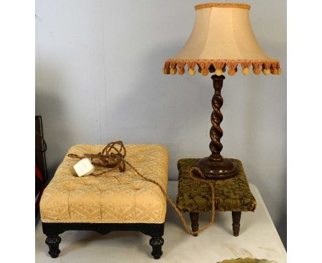 A Victorian table lamp, the barley twist oak pillar support over stepped circular base, 53cms high including shade; together 