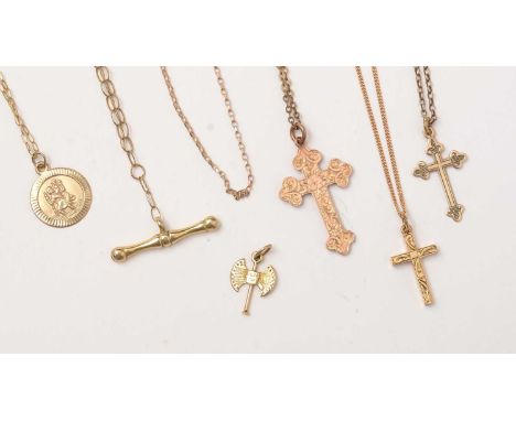 9ct gold and yellow-metal necklaces: including; a St Christopher pendant on chain, stamped 9K; a yellow-metal T-bar on chain,