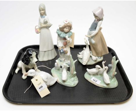 A selection of decorative ceramic figures, including: Lladro figure group of a lady and a gaggle of geese, 25cms high; two Na